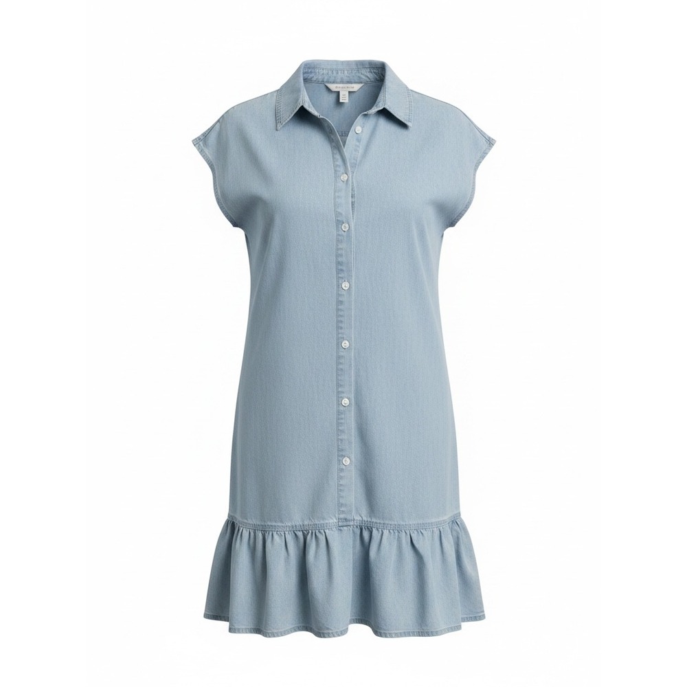 Belinda Light Wash Denim Ruffle Hem Button Down Shirt Dress Cap Sleeves XL